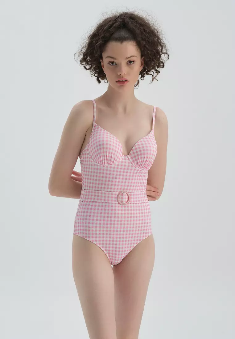 Buy DAGİ Pink Swimsuit, Checked, Underwire Bra, Removable Padding,  Beachwear for Women Online