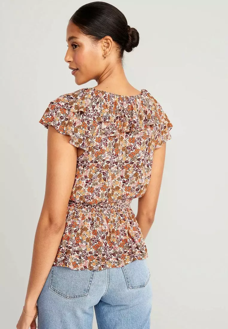 Waist-Defined Sleeveless Ruffle-Trim Top For Women