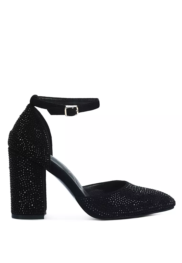 Discount on London Rag  shoes - SKU: Black Microfiber Diamante Block Heeled Sandal