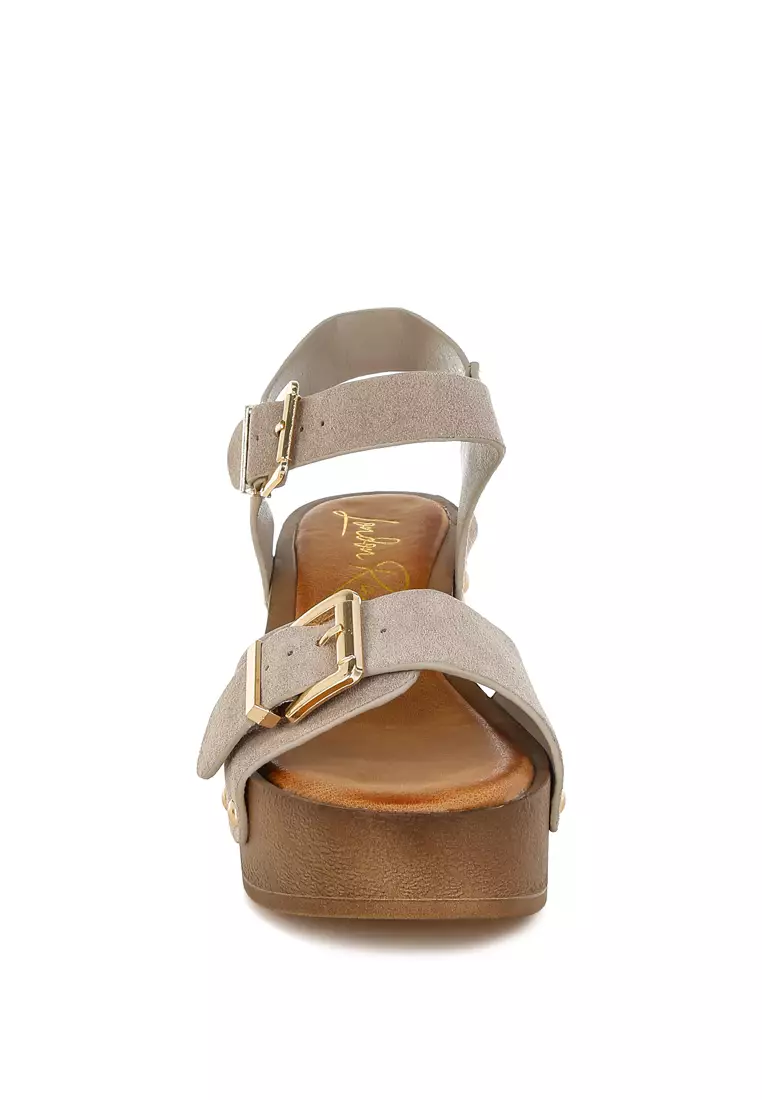 Real Suede Leather Clog Sandals In Beige