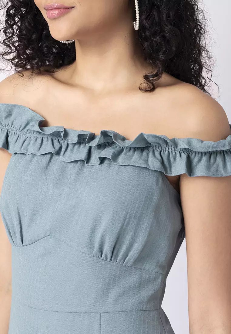 Blue High Slit Off-Shoulder Midi Dress