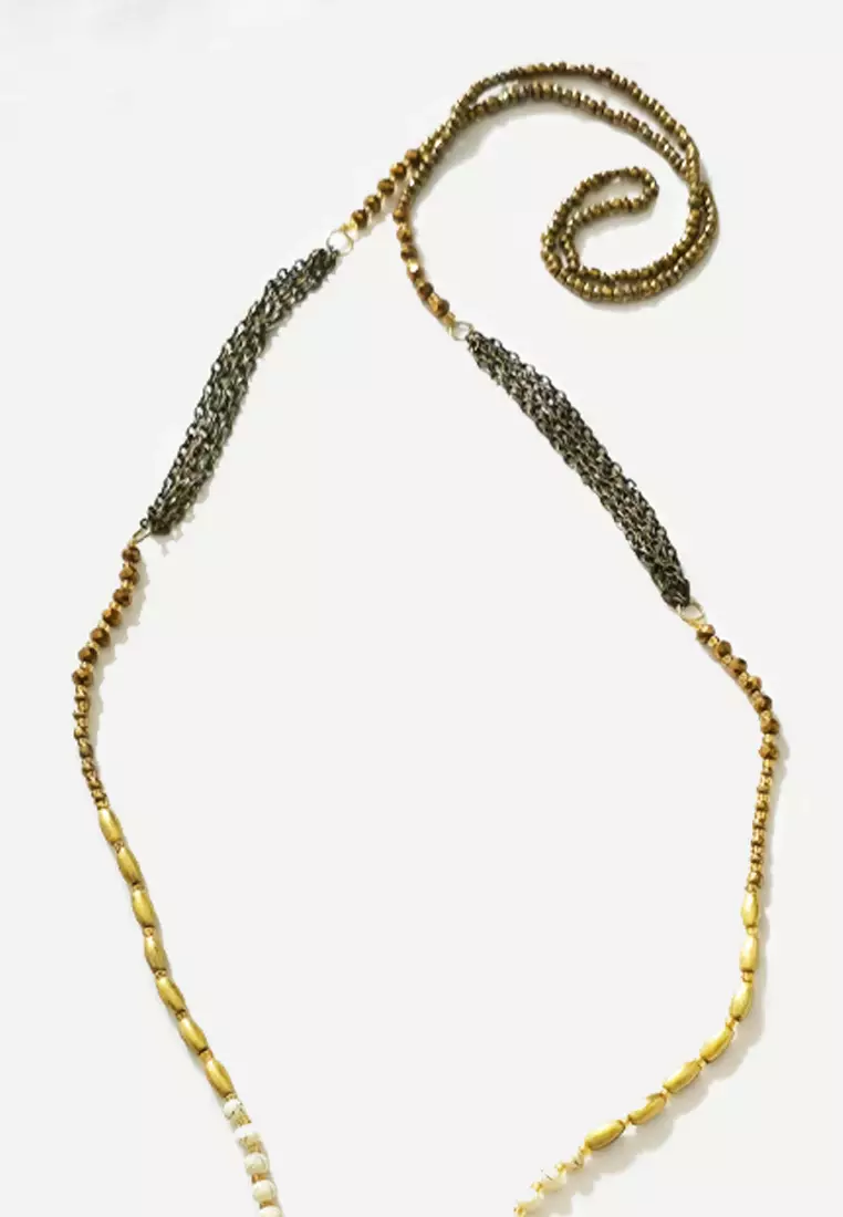 Aksesoris Kalung Wanita Tassels & Beads  Long Necklace Kalung Wanita Panjang Gold, White & Neon Yellow