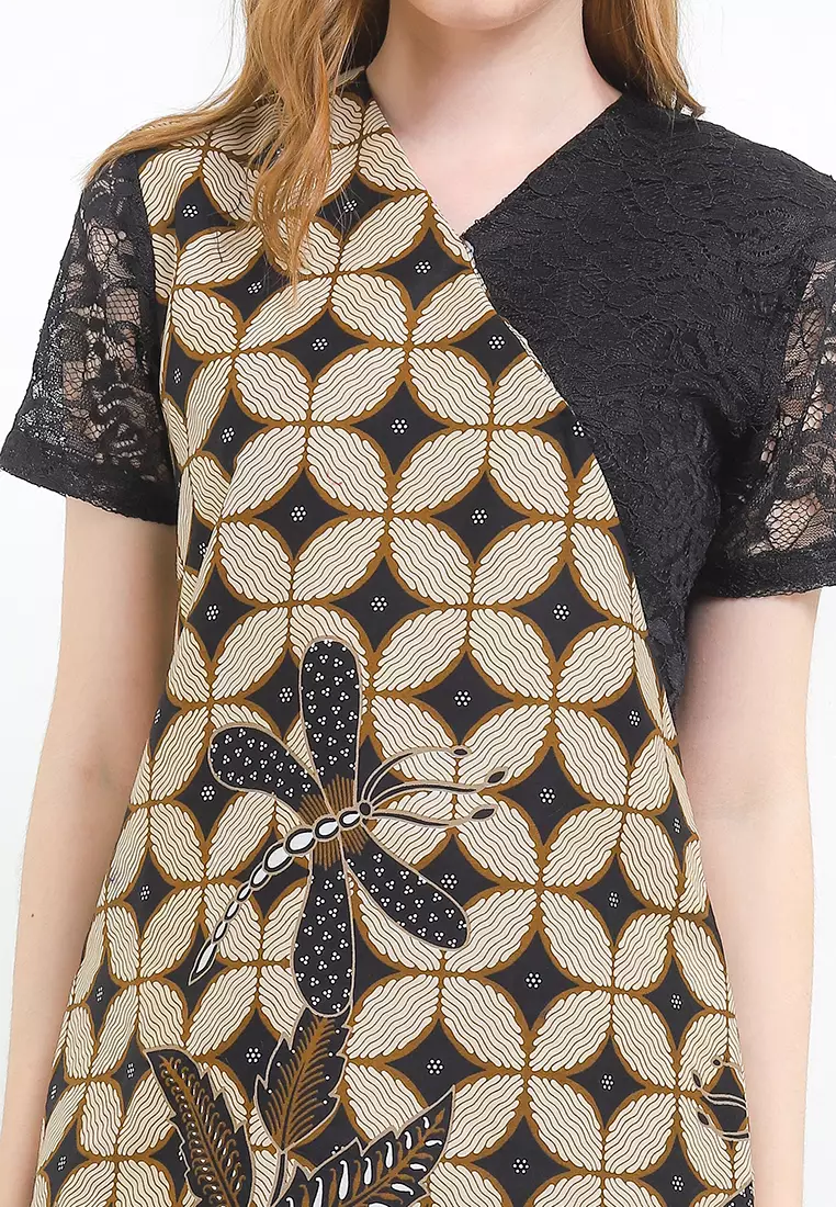 Dress Batik Wanita Furing Lining Kaviola Brukat Black Lengan Pendek
