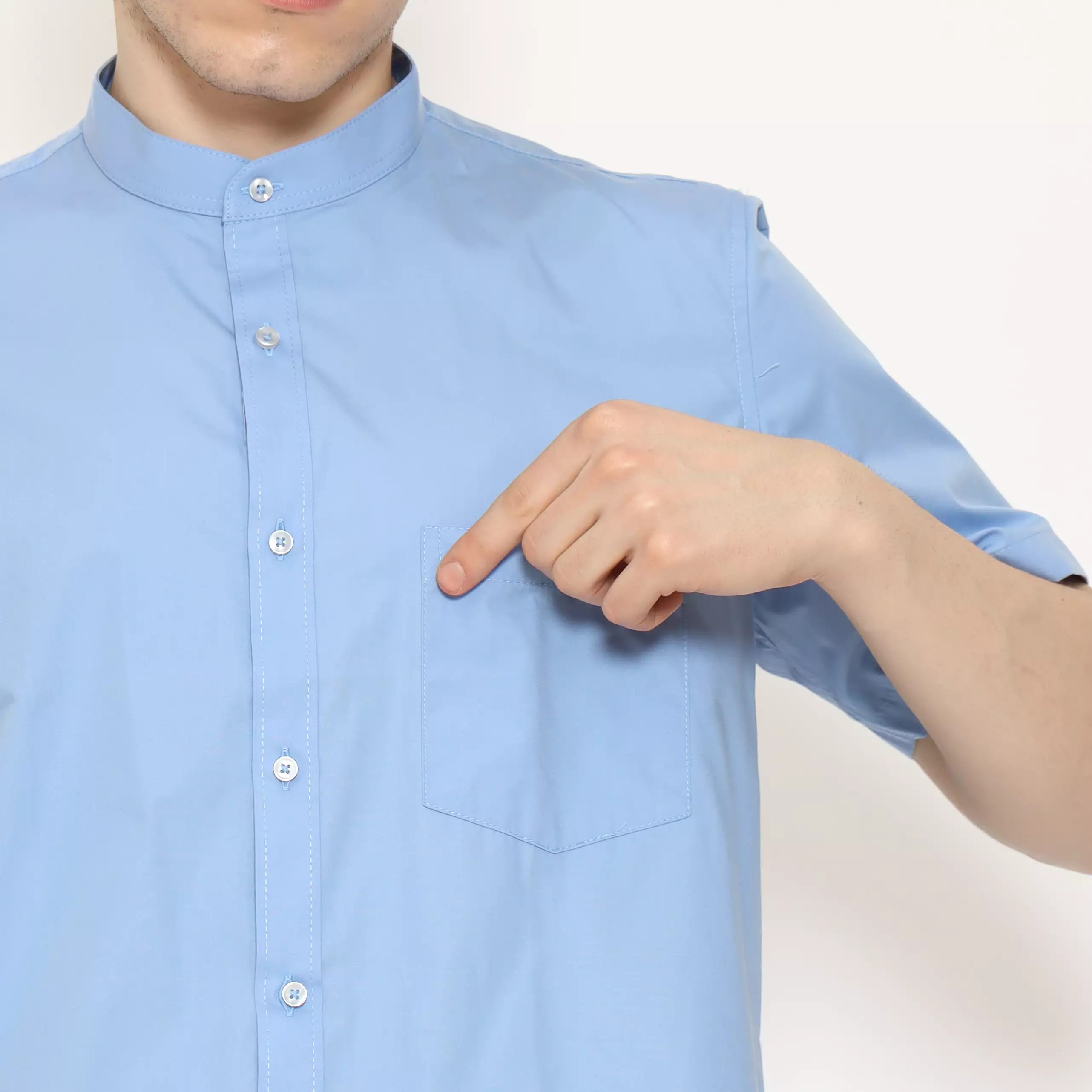 LAWELL ALARA-S Baju Koko Pria Lengan Pendek Regular Fit Kerah Mandarin Polyester Cotton Premium Warna Light Blue
