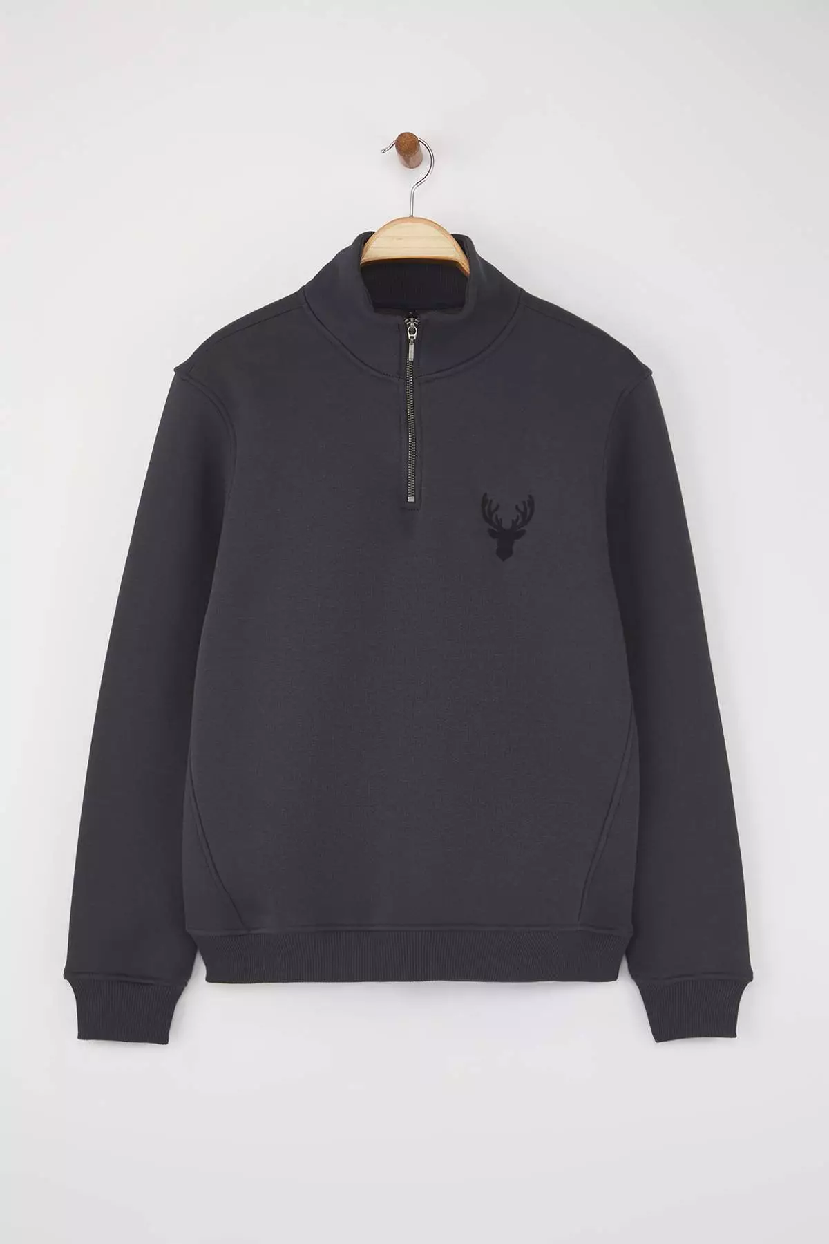 Anthracite Regular Cut Stand Collar Zippered Cotton Deer Embroidery Sweatshirt