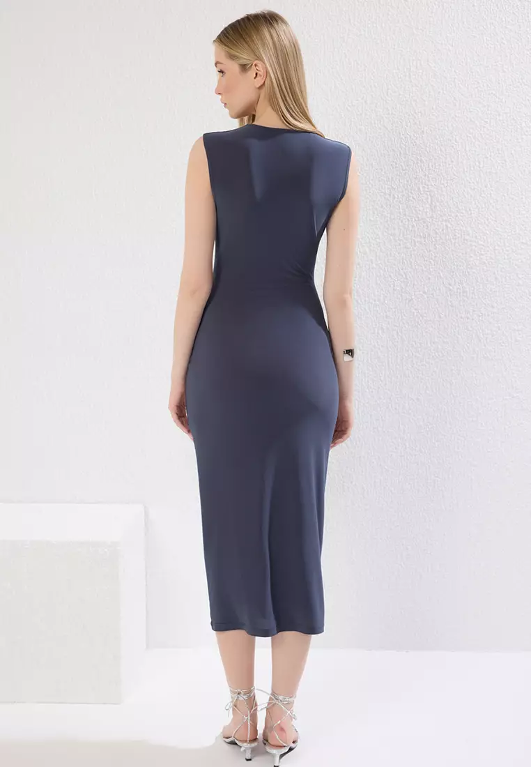 Anthracite Bodycon Pleated Detailed Knitted Stretch Midi Pencil Dress