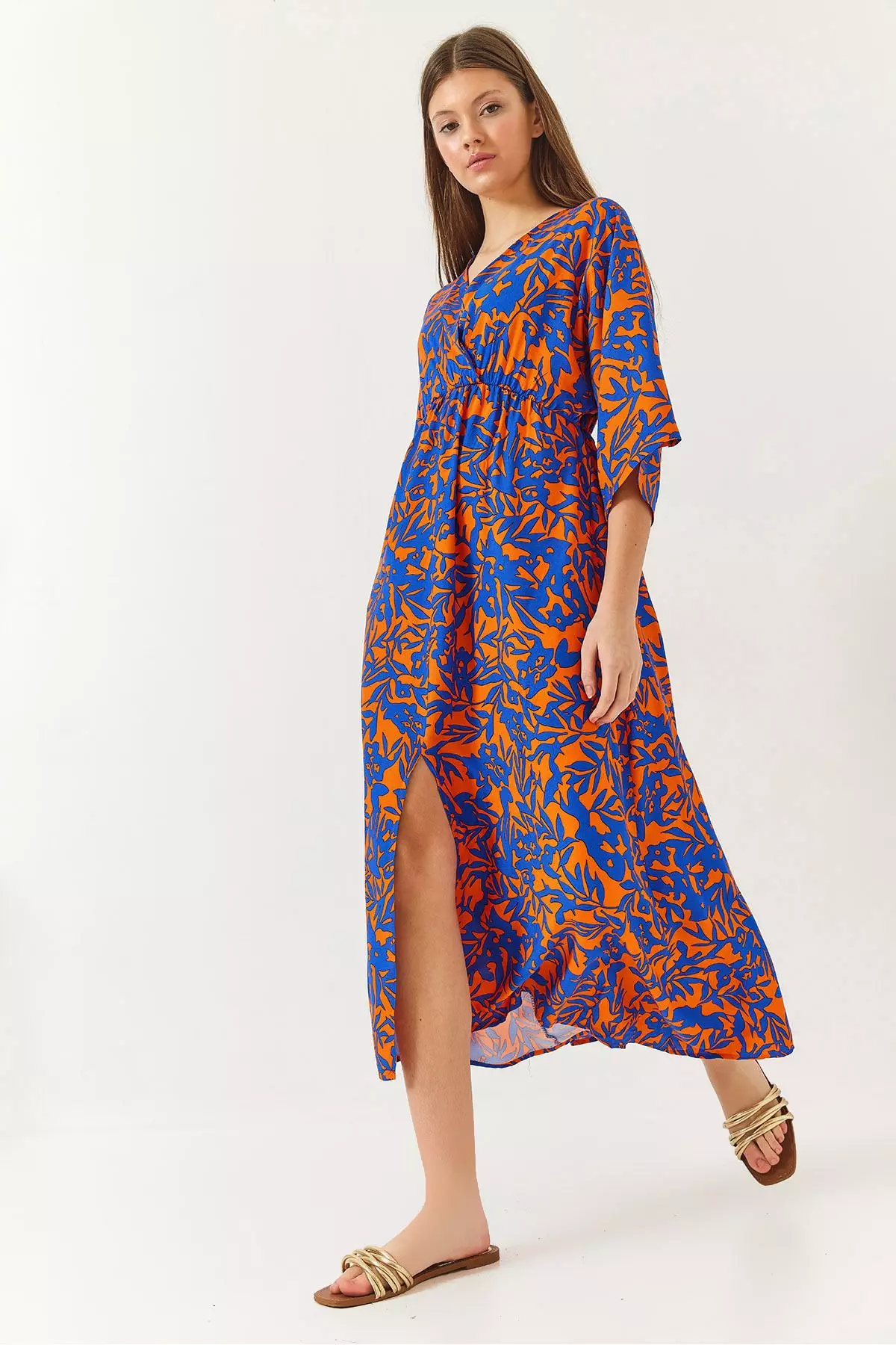 Women's Double Breasted V Neck Front Slit Detail Print Dress 60261411