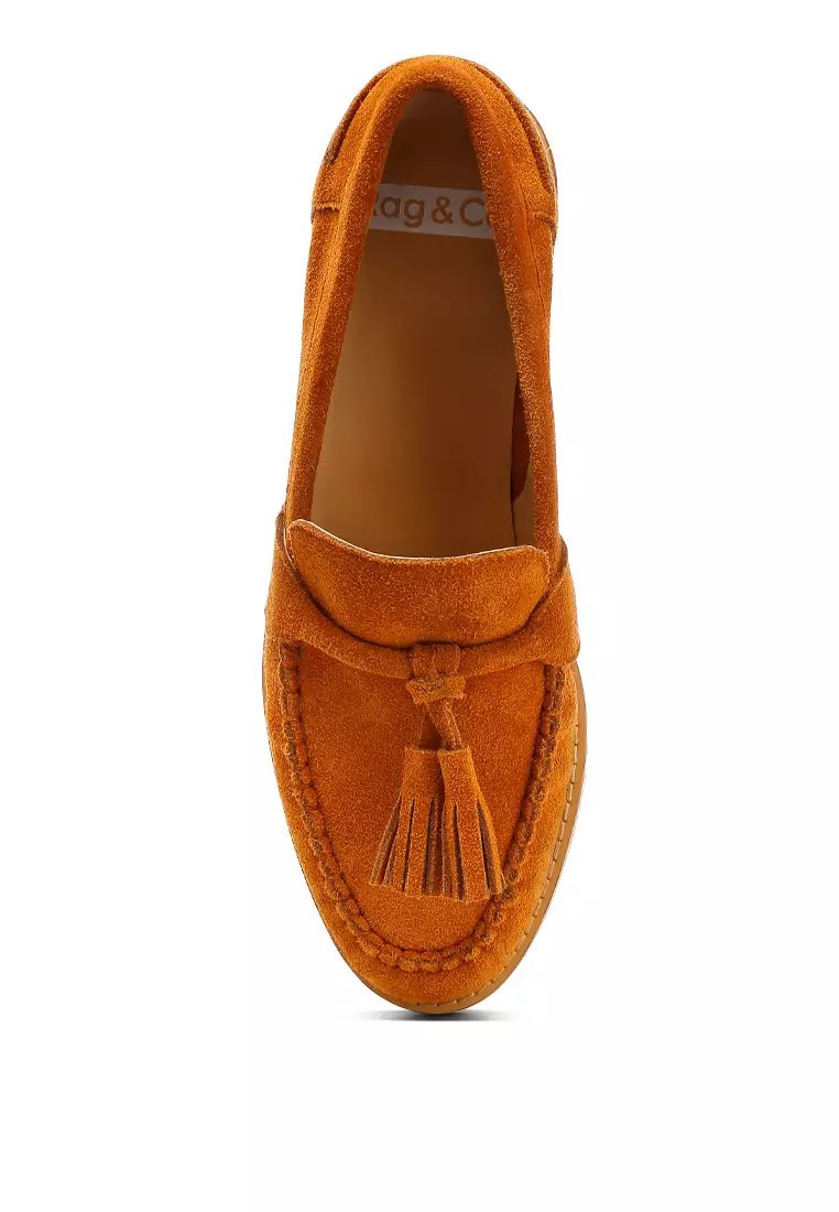 Tan Tassels Detail Suede Loafers