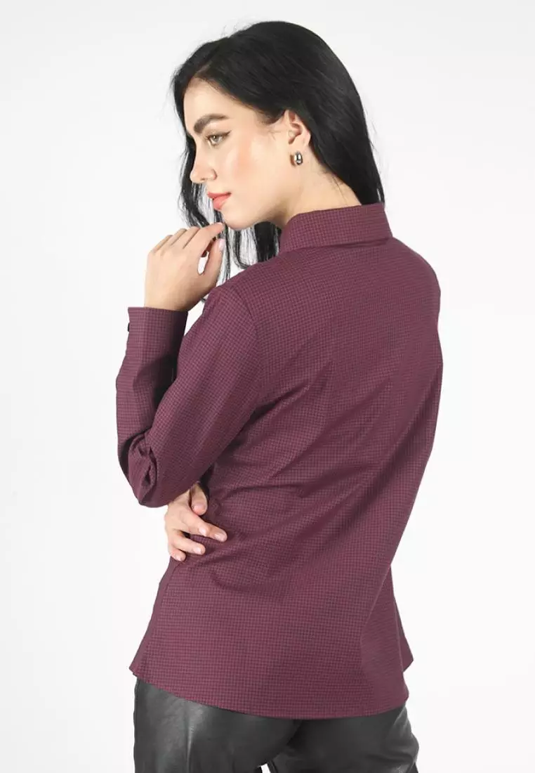 Kemeja Lengan Panjang Pierre Cardin Wanita Dark Aubergine Check
