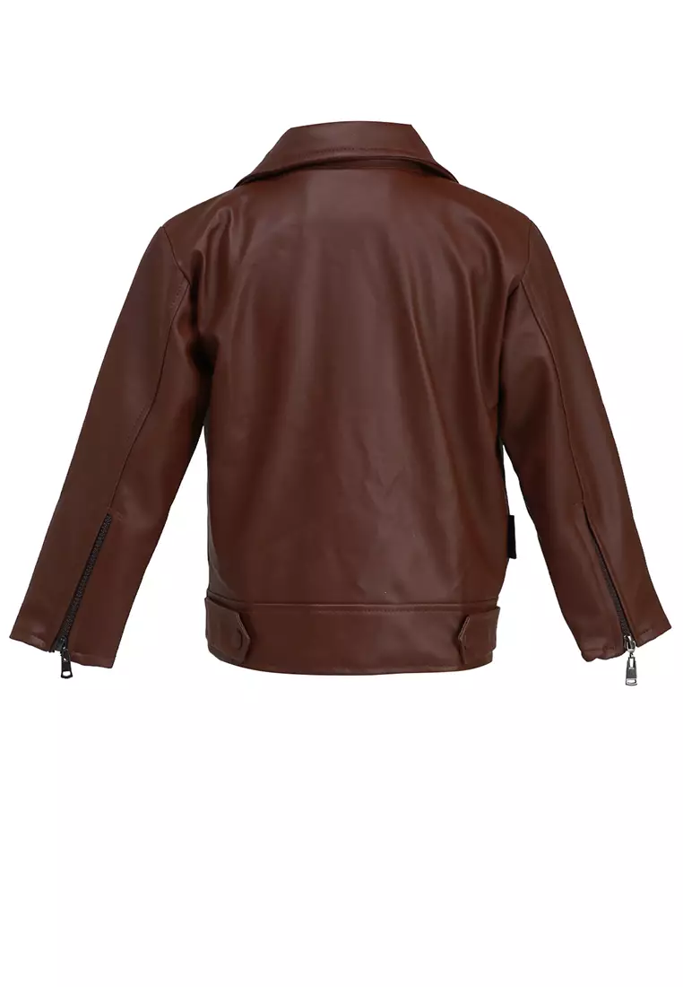 Fisca Jaket Kulit Anak Perempuan Zipper Design Motif Polos Material Leather ORIGINAL - Brown