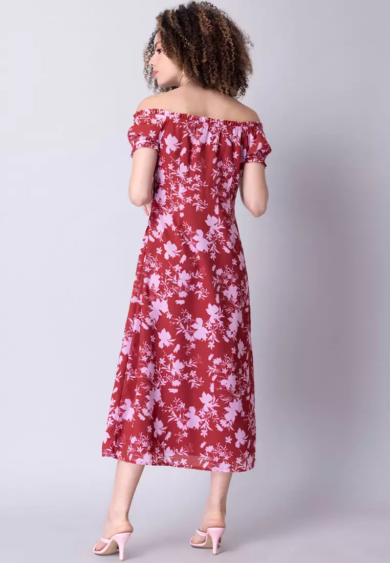 Red floral off sale the shoulder maxi dress