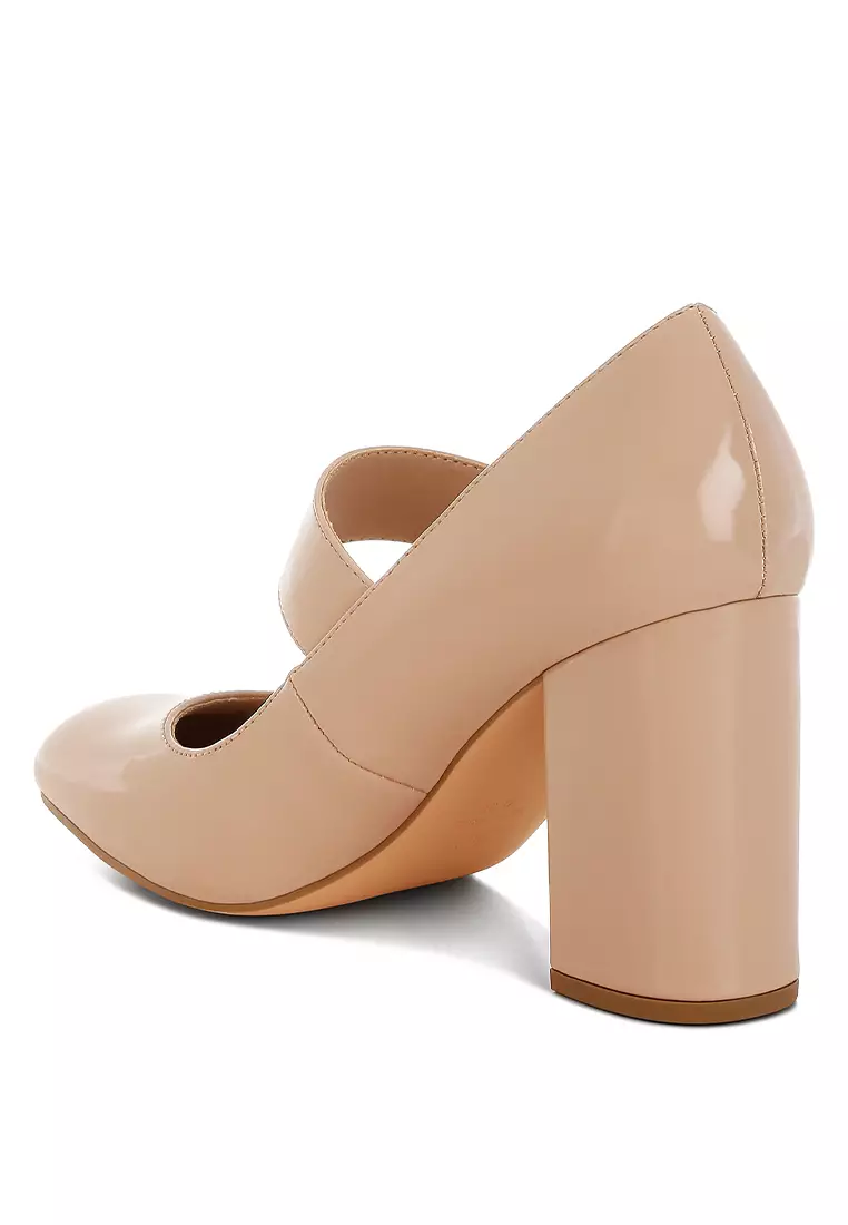 Block Heel Mary Jane Sandals in Beige
