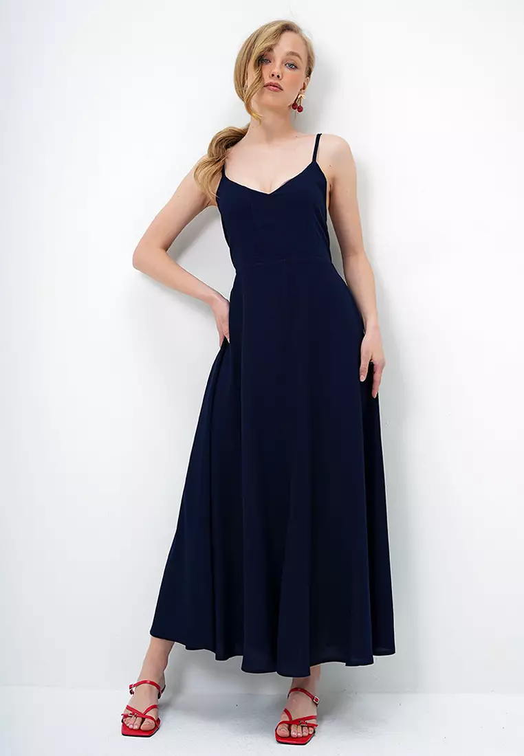 Women's Navy Blue Rope Strap Back Tie Detailed Maxi Length Summer Dress Alc-X13471