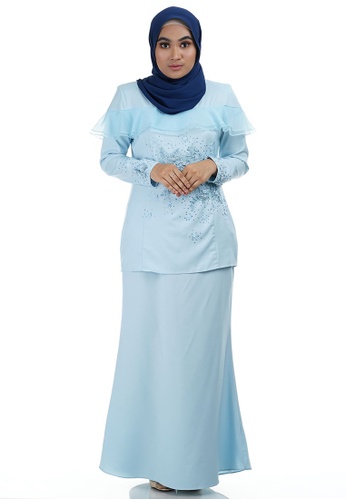Nurine Kurung with Layered Frill Panel (Off Shoulder Panel) from Ashura in Blue
