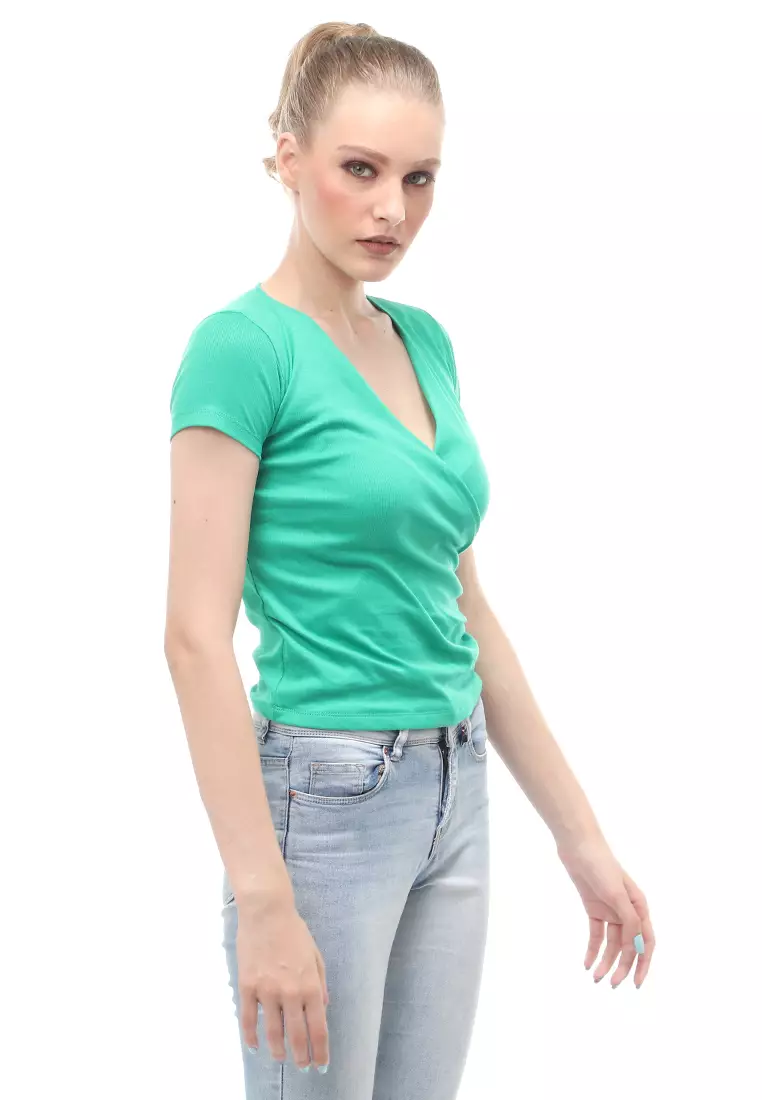 Blouse Atasan Wanita Short Sleeves Kerah V-neck Design Simple Elegant - Green
