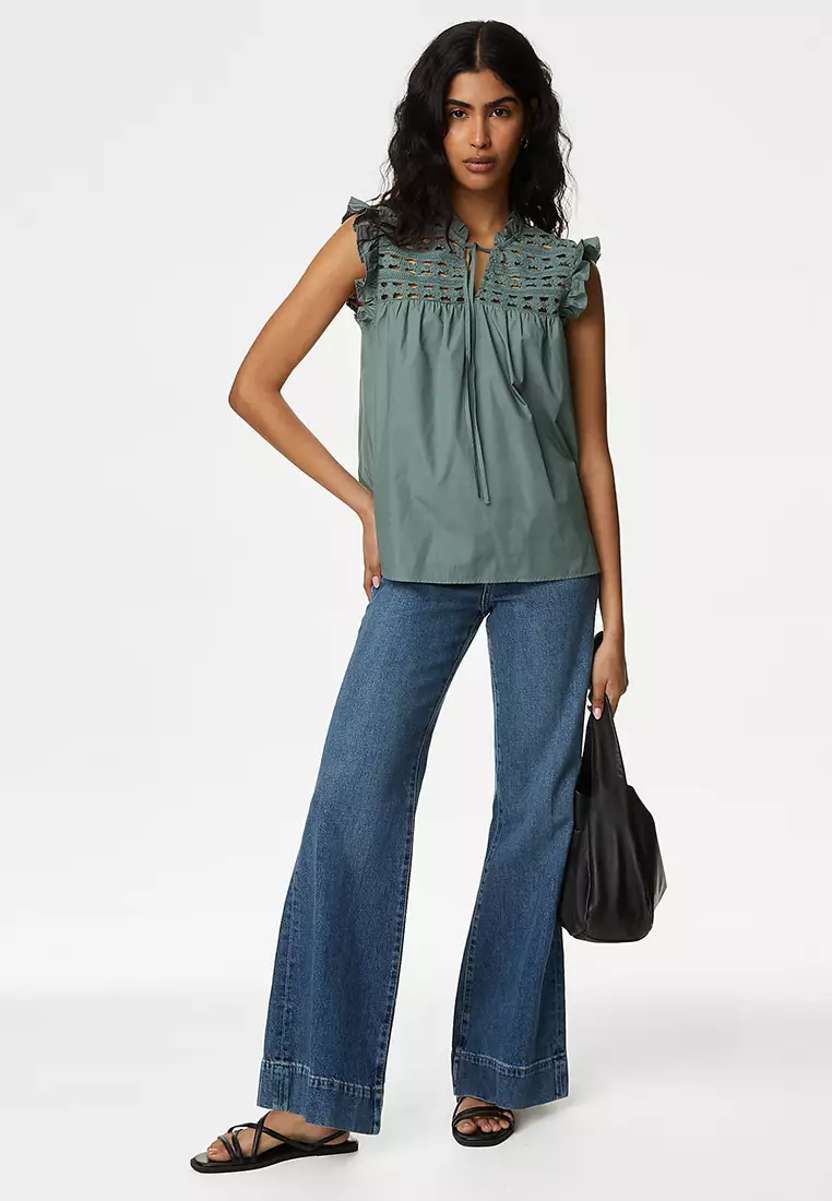 Pure Cotton V-Neck Lace Insert Top