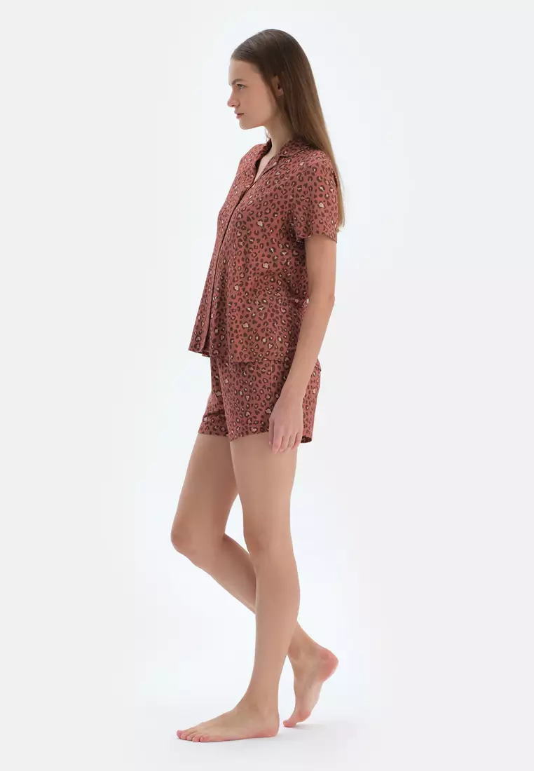 Terracotta Shirt & Shorts, Leopard, Shirt Collar, Regular, Short Leg, Short Sleeve Sleepwear for Women