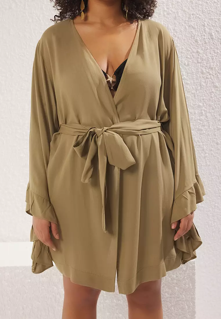 Khaki Frilled Sleeve Flounce Viscose Beach Wear Woven Plus Size Kimono&Caftan TBBSS23DE00001