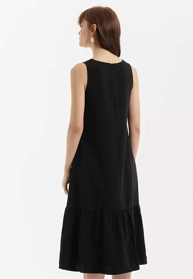 Shift Midi Ruffle Dress in Black