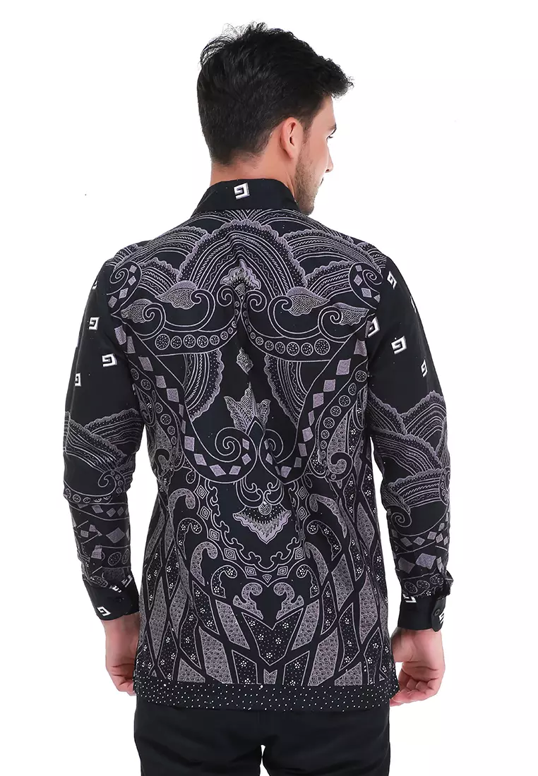 Dwan Kemeja Batik Pria Unique Motives Atasan Formal Longsleeve Shirt Material Cotton ORIGINAL - Black