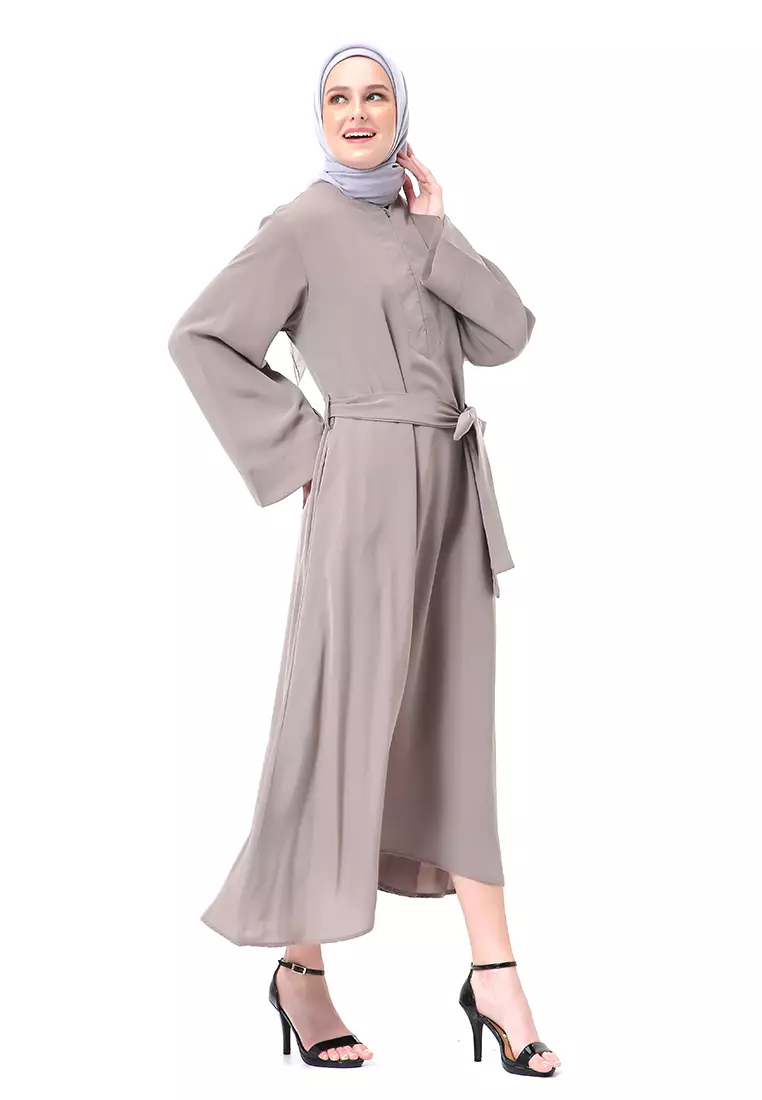 Khalisa Aiza Long Abaya Gamis Self Tie Belt Premium High Quality - Khaky