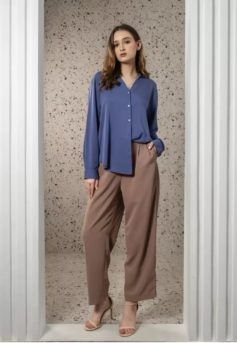 Urban Exchange Milla Blue Blouse - Atasan Blouse Wanita Lengan Panjang