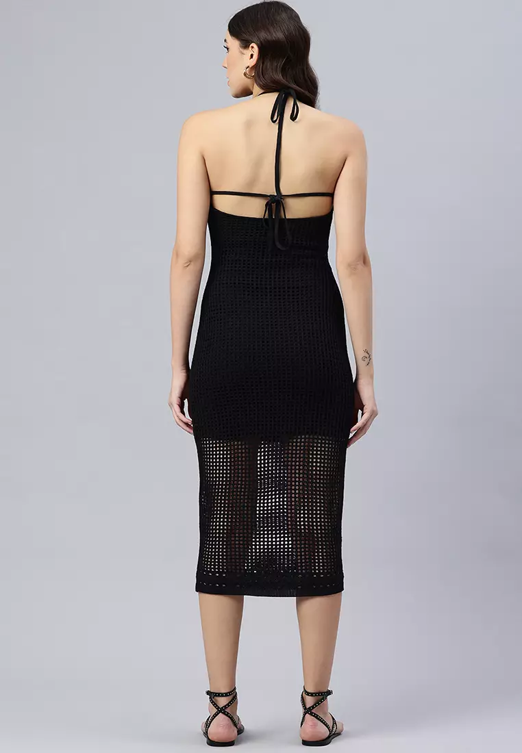 Halter Neck Backless Dress in Black