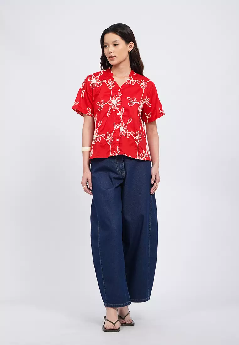 V-Neck Blouse with Contrast Embroidery RED