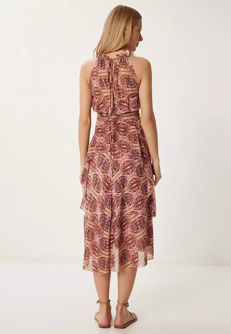 Women Dusty Rose Purple Patterned Flounced Summer Chiffon Dress Fg00025