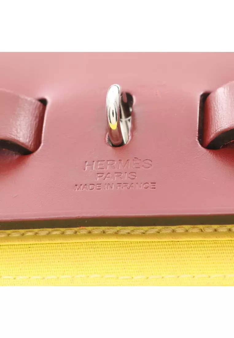 Pre-Loved Hermès herBag Zip PM lime Handbag Toile Officier vache hunter yellow Red brown silver hardware 2WAY X stamp