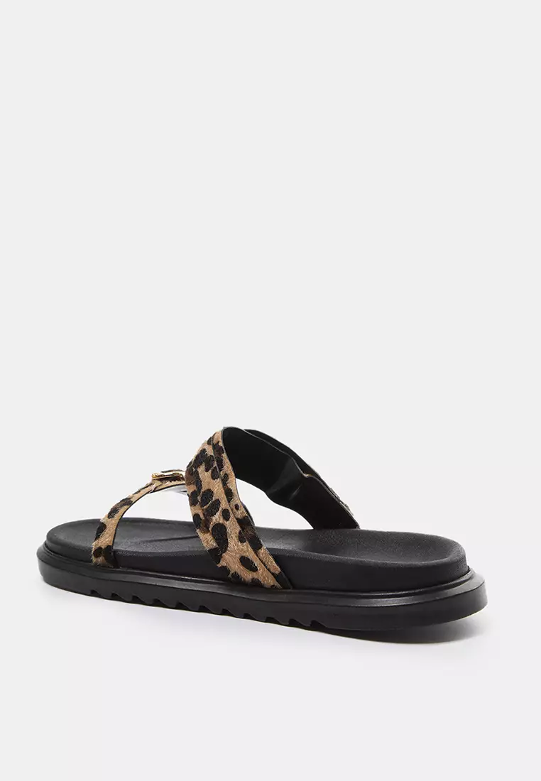 Leopard Double Buckle Brown Thick Sole Women's Slippers Takaw25Te00009