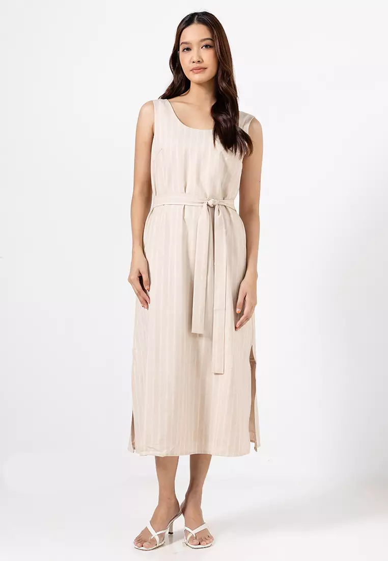 Herringbone Striped Midi Dress Colours - Nude