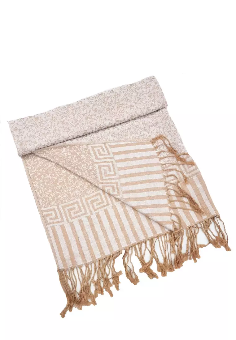 Reversible Viscose Floral Pattern Pashmina Shawl Syal Wanita Gold