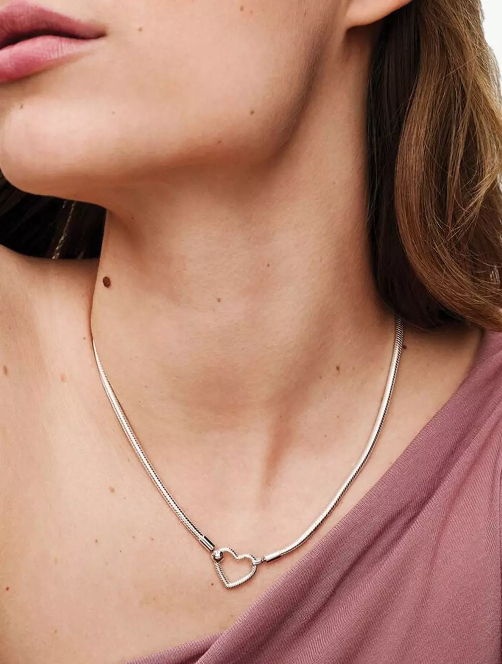 Snake chain sterling silver necklace with heart clasp