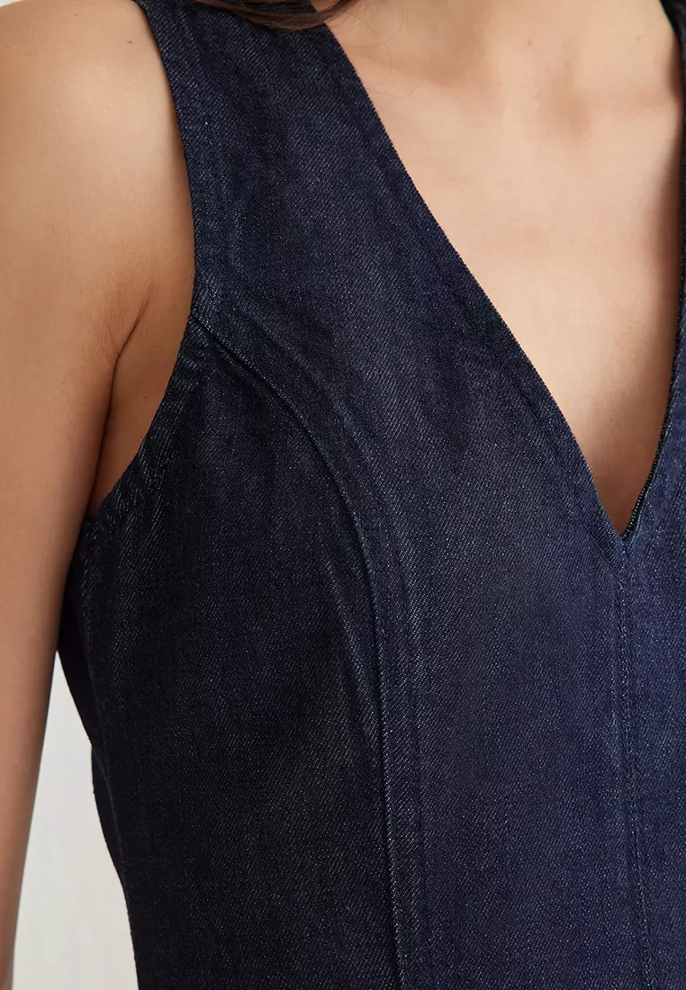 Dark Blue V Neck Mini Denim Dress TWOSS25EL00151