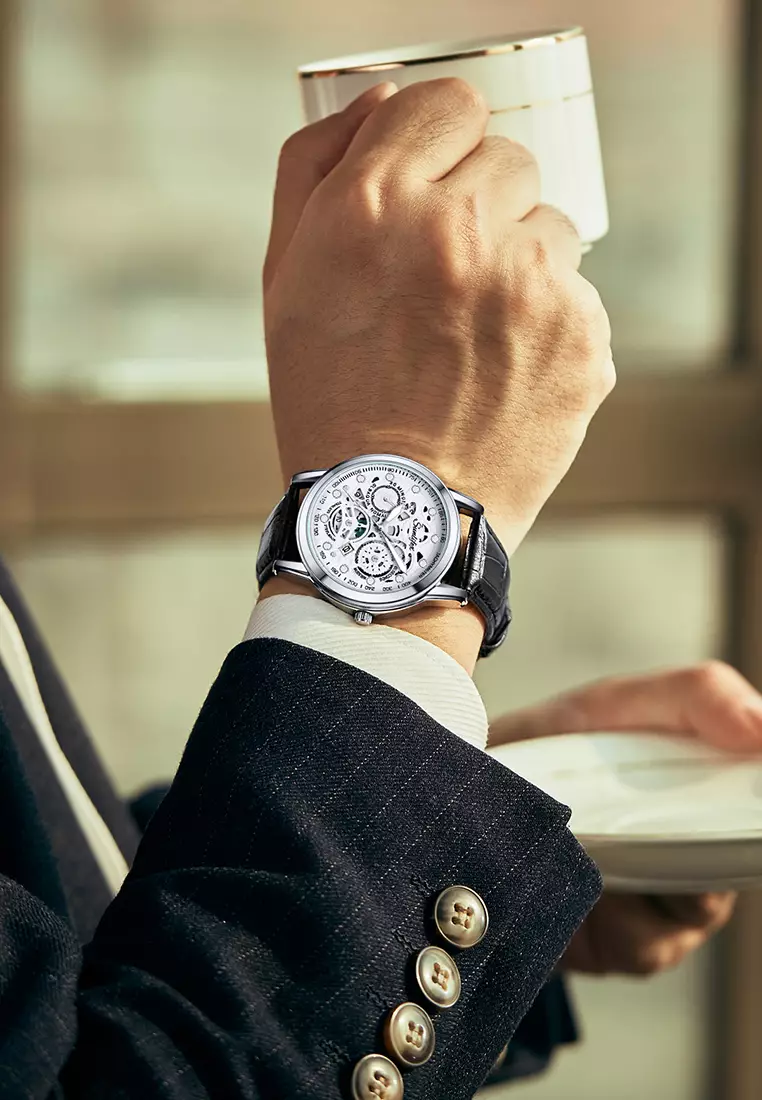 Jam Tangan Pria Dial Berongga Anti Air Kuarsa Tali Kulit Jam Pria Original Santai Mode Jam Tangan Cowok 7001 black white