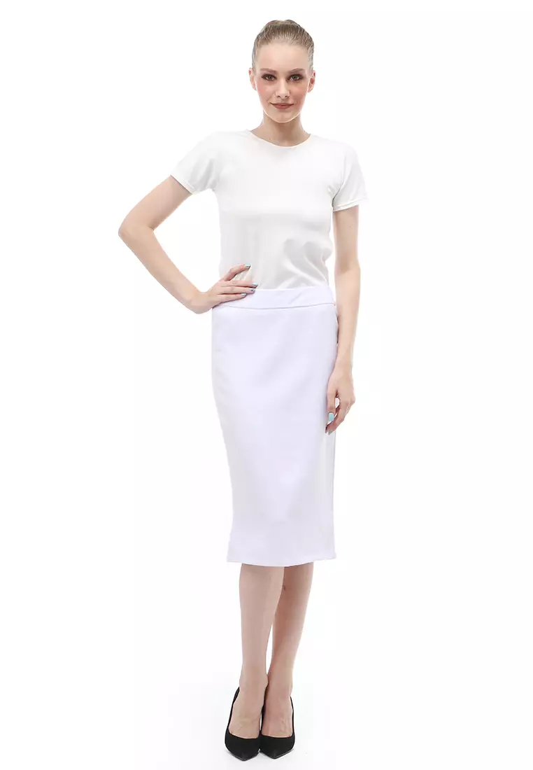 Rok Span 7/8 Design Formal Motif Polos Skirt Kerja Bawahan Wanita - Putih