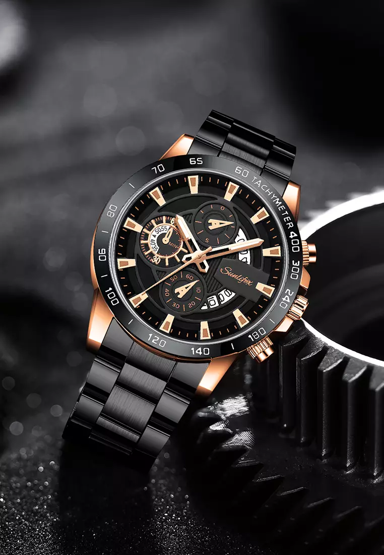 Jam Tangan Pria SL3321 Quartz Kalender Bercahaya Olahraga Tali Stainless Steel Jam Tangan Cowok blackgold