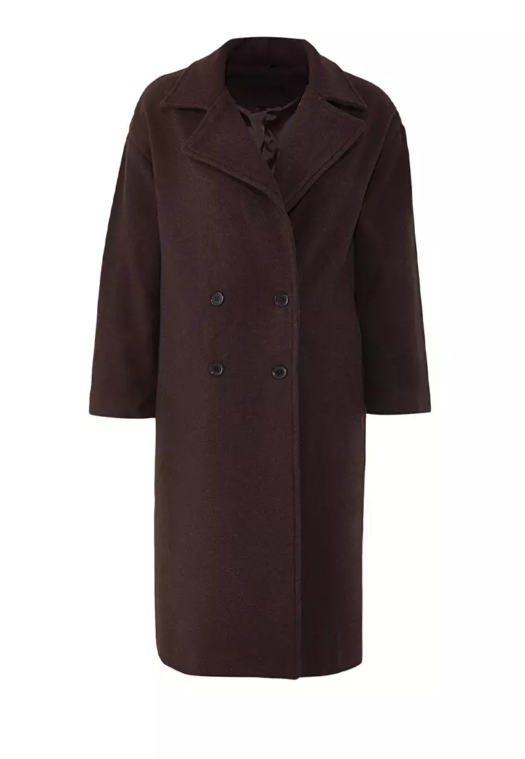 Brown Oversized Wide Cut Long Wool Cashmere Coat TWOAW21KB0038