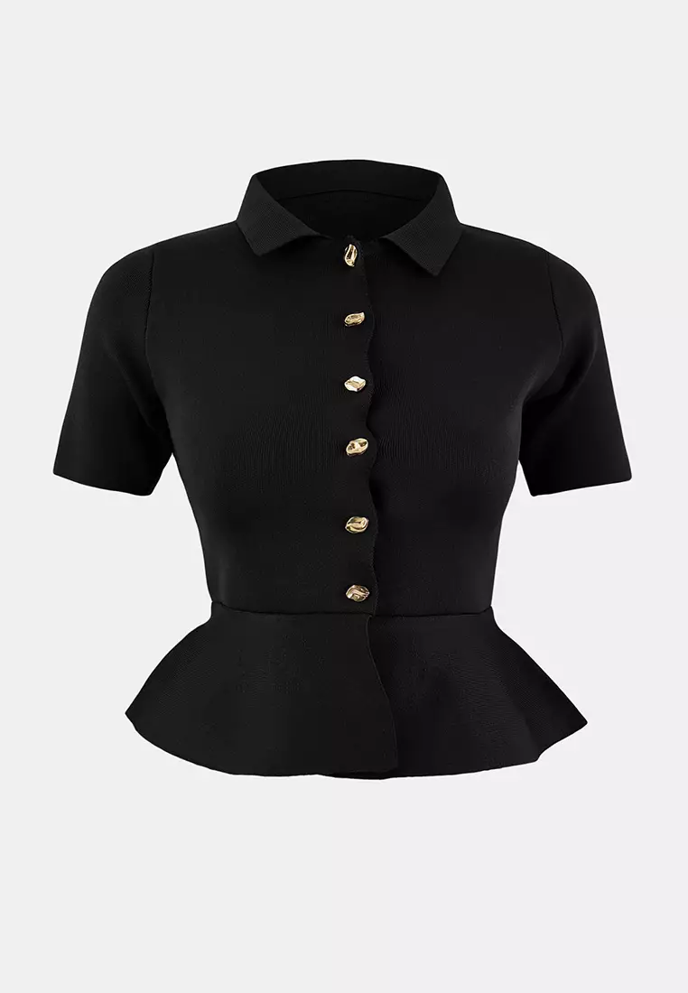 Black Peplum/Waist Fitted Button Detailed Blouse Twoss26Bz158