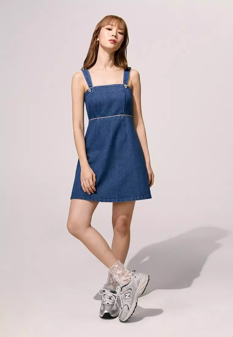 Heart-Shaped Button Detail Denim Mini Dress - Blue