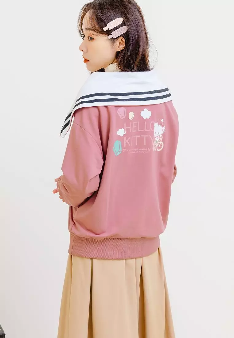 HELLO KITTY Taiwan-Inspired Back Print Long Sleeve Top with Sailor Collar and Half-Placket [KB1415]