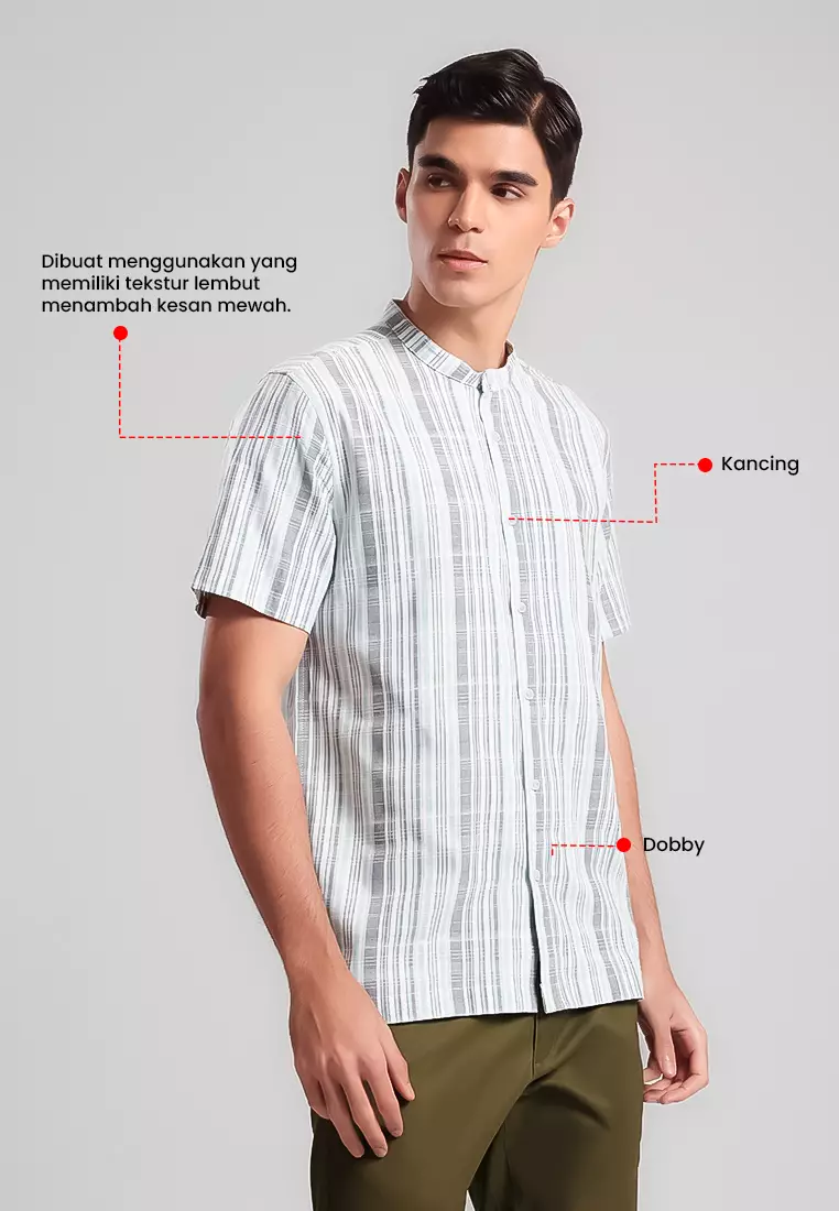 MANZONE - Kemeja Shanghai Lengan Pendek Pria Ilyas Modern Fit - Grey Warna Grey