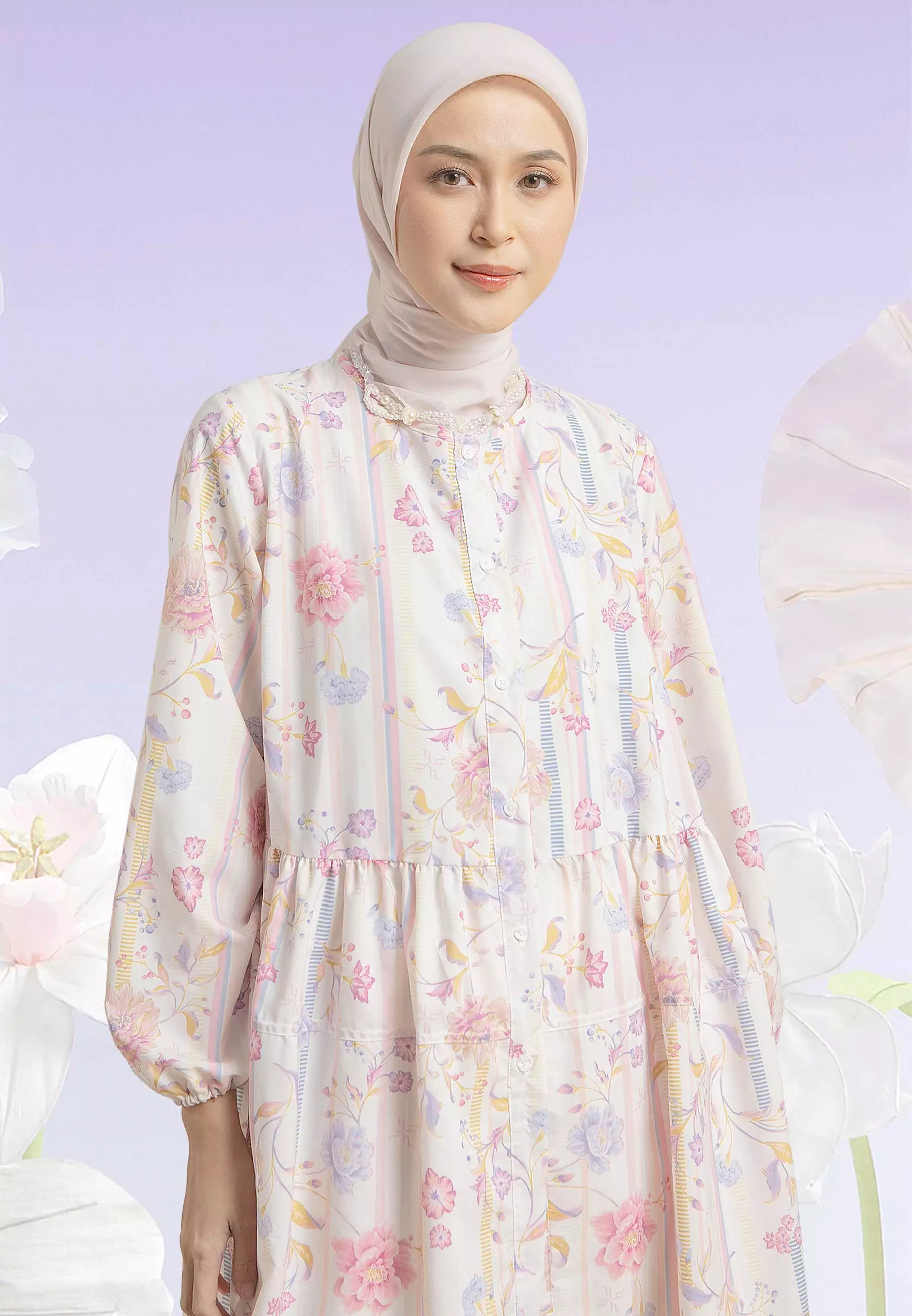 HijabChic Melissa Creme Pink Top - Baju Katun Premium Lembut Motif Bunga Cantik Layer Kerut Busui