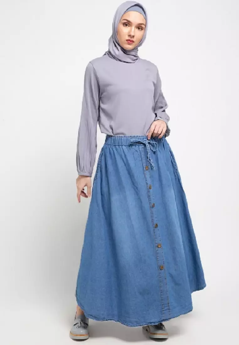 Long Skirt Denim Flare W/ Button