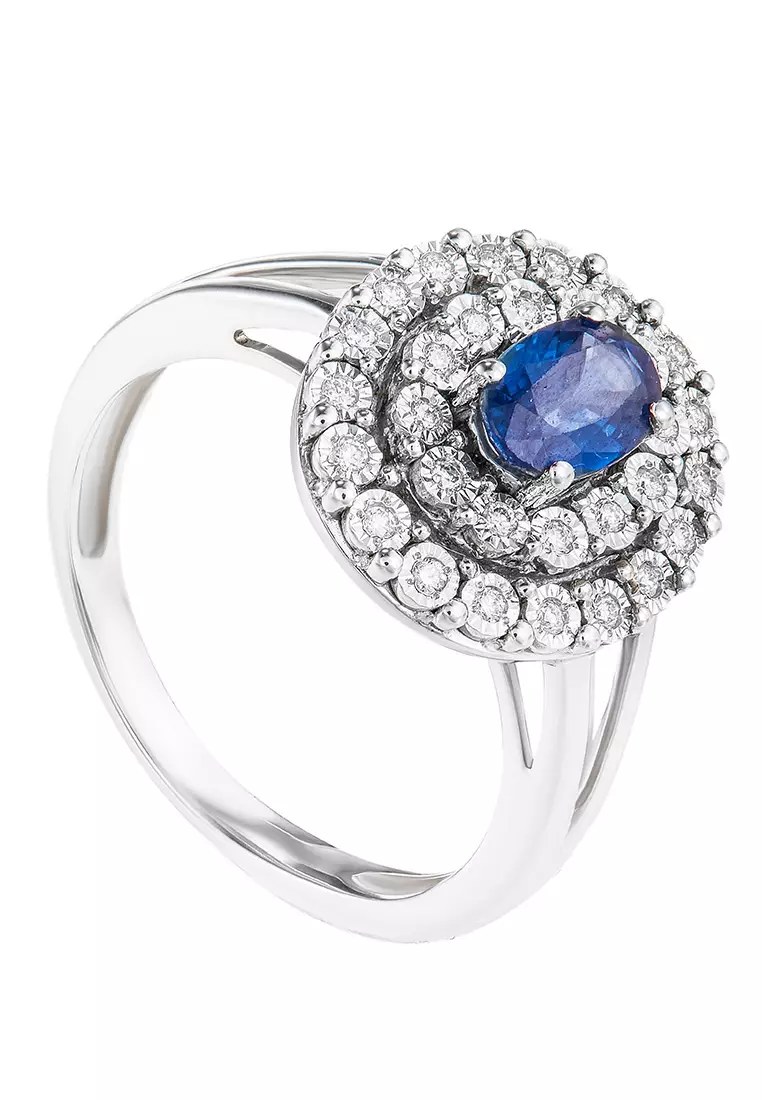 HABIB Oval Shape Blue Sapphire Halo Round Diamond Ring in 375/9K White Gold 24709