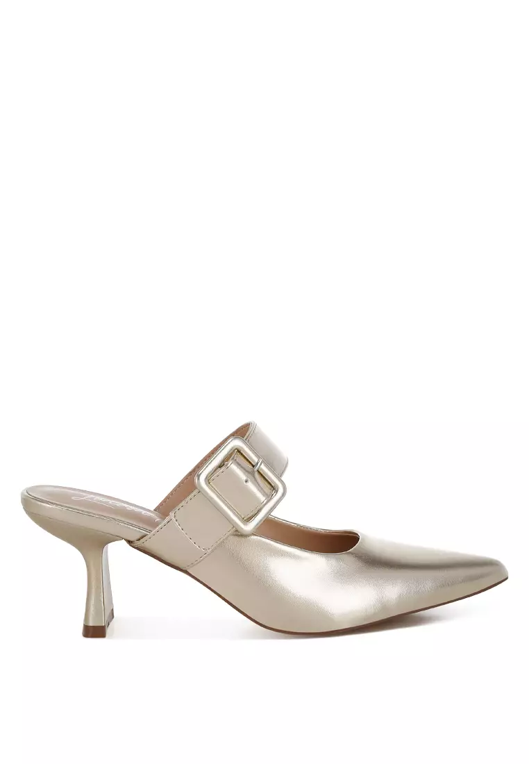 Large Buckle Kitten Heel Mules In Gold