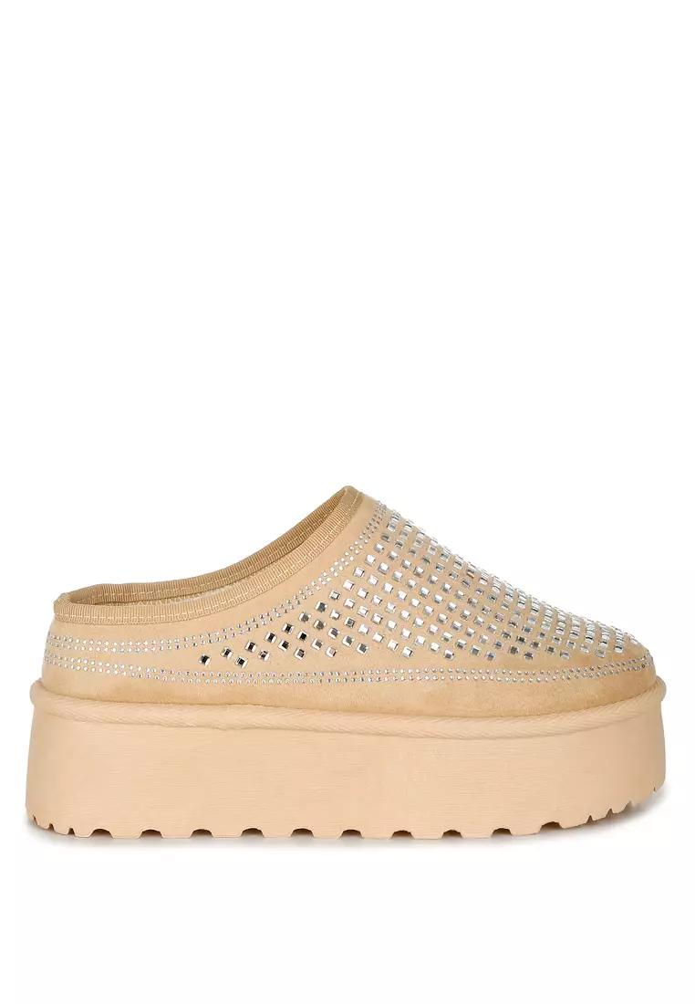 Beige Rhinestones Embellished Platform Classic Slip-On