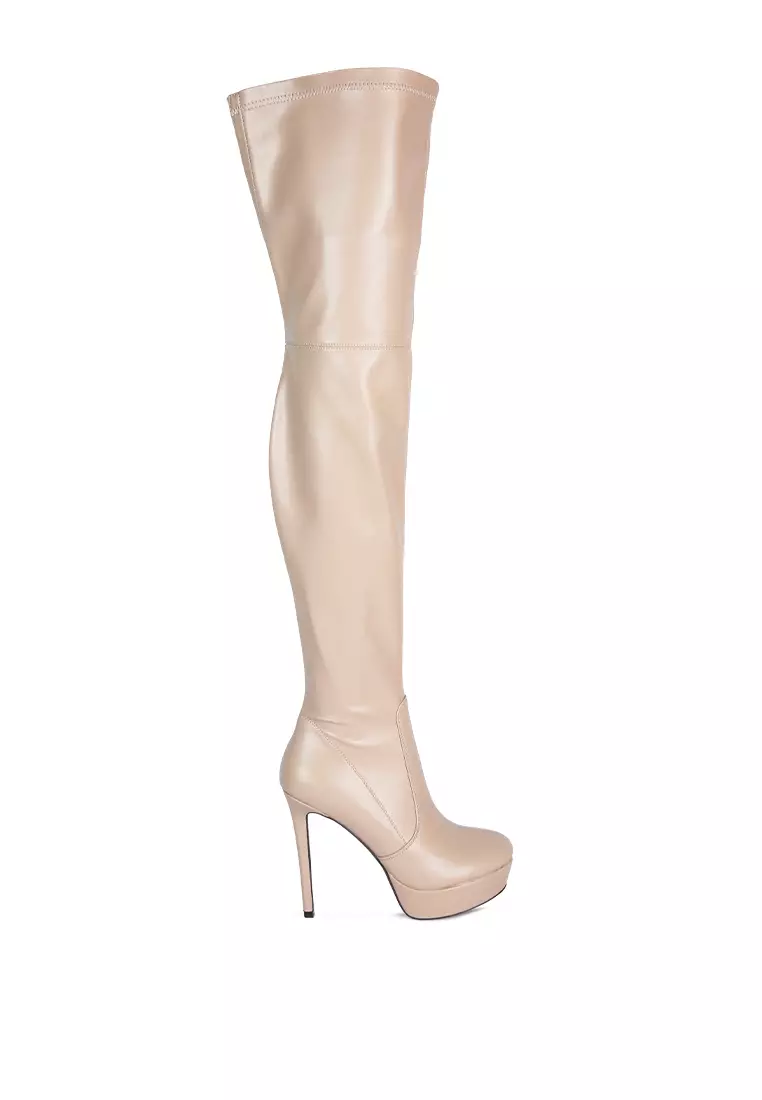 Discount on London Rag  shoes - SKU: Beige Faux Leather High Heeled Long Boots