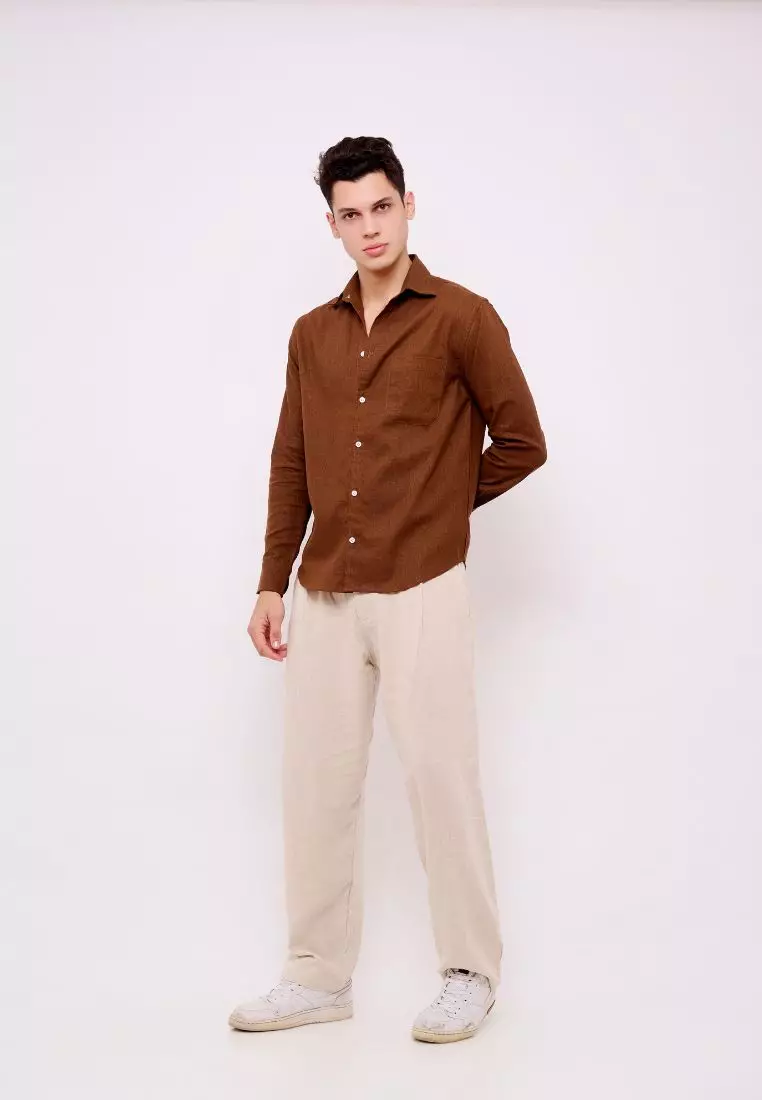 Seseh Kemeja Linen Lengan Panjang Pria Coklat | Linen Long Sleeve Shirt Men Brown